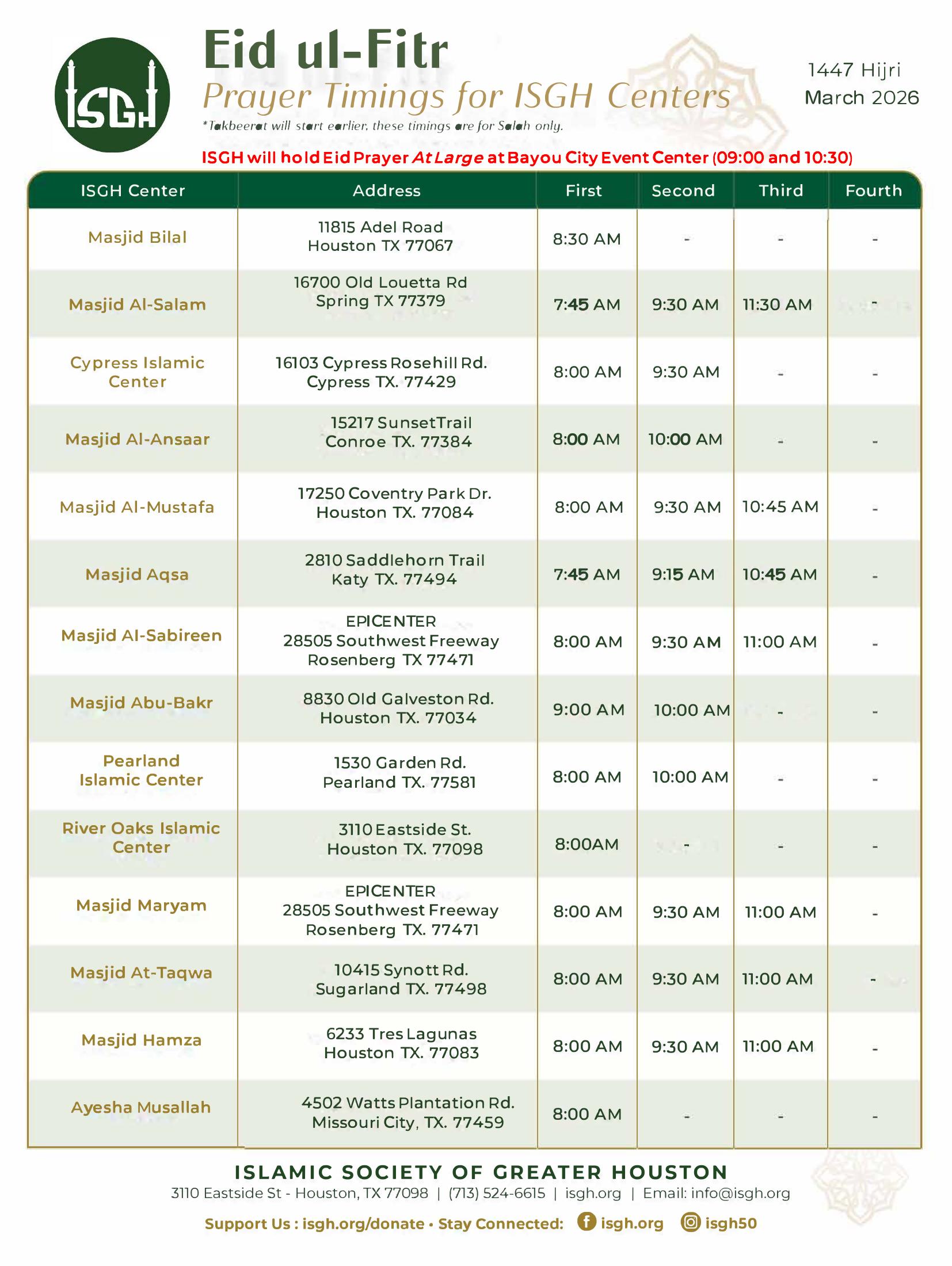 Eid Ul-Fitr Prayer Timings